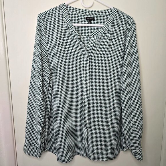 Talbots Houndstooth Pattern Green & White Button Down Blouse - Picture 6 of 8